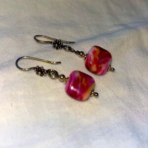 Glass Bead & SS Earrings Pink/White/Purple Swirl
